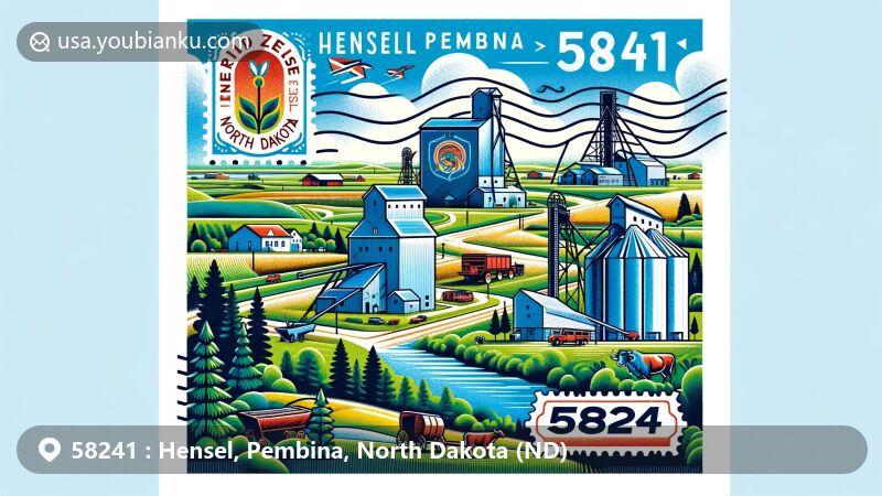 Modern illustration of Hensel, Pembina, North Dakota, showcasing agricultural community with granaries and farmland, featuring iconic Pembina Gorge with lush green vegetation, trees, grasslands, and wildlife. Historic Red River cart and Métis cultural symbols integrated. Postal elements include stamps, postmarks, and prominent display of ZIP code 