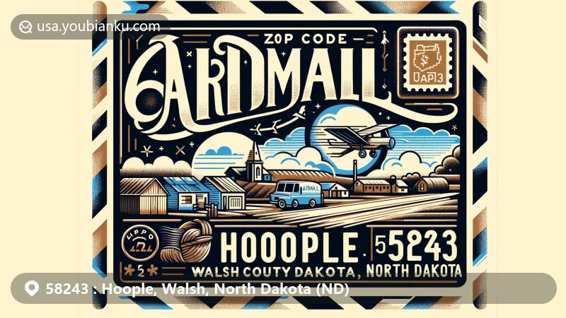 Modern illustration of Hoople, Walsh County, North Dakota, featuring airmail envelope with ZIP code 58243, showcasing 'Tatertown' nickname, Walsh County outline, rural landscape, and postal elements.