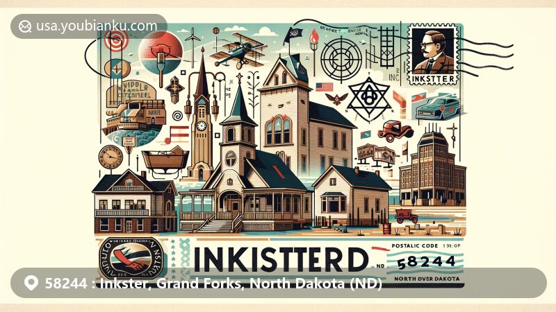 Modern illustration of Inkster, North Dakota, showcasing regional characteristics with postal elements, featuring George T. Inkster and historical sites like B'nai Israel Synagogue, Thomas D. Campbell House, and North Dakota Museum of Art.