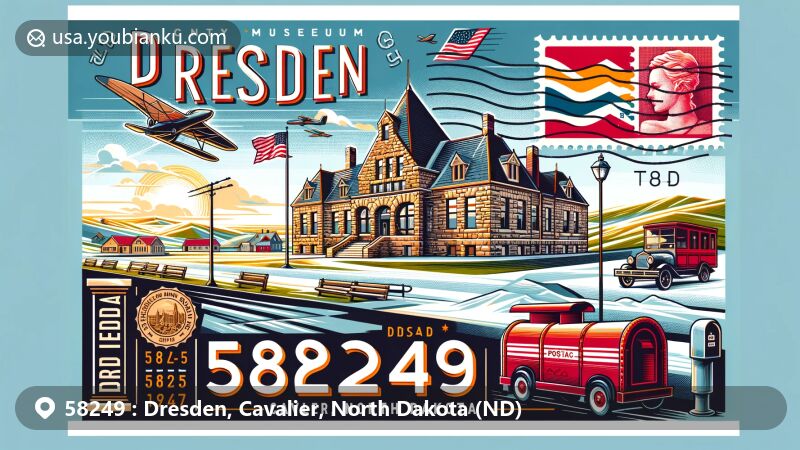 Modern illustration of Dresden and Cavalier areas in North Dakota with ZIP code 58249, featuring Cavalier County Museum and North Dakota state symbols.