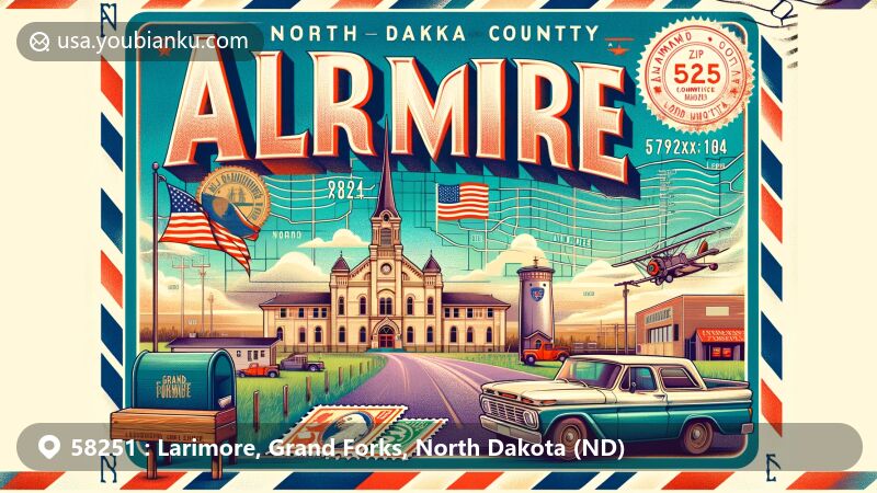 Modern illustration of Larimore, Grand Forks, North Dakota, showcasing postal theme with ZIP code 58251, featuring North Dakota state flag, Grand Forks County outline, and Larimore Community Museum.