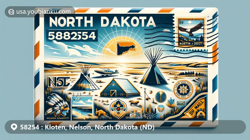Modern illustration of Kloten area, Nelson County, North Dakota, showcasing postal theme with ZIP code 58254, featuring vast plains, blue skies, and symbols of local culture like Native American heritage.