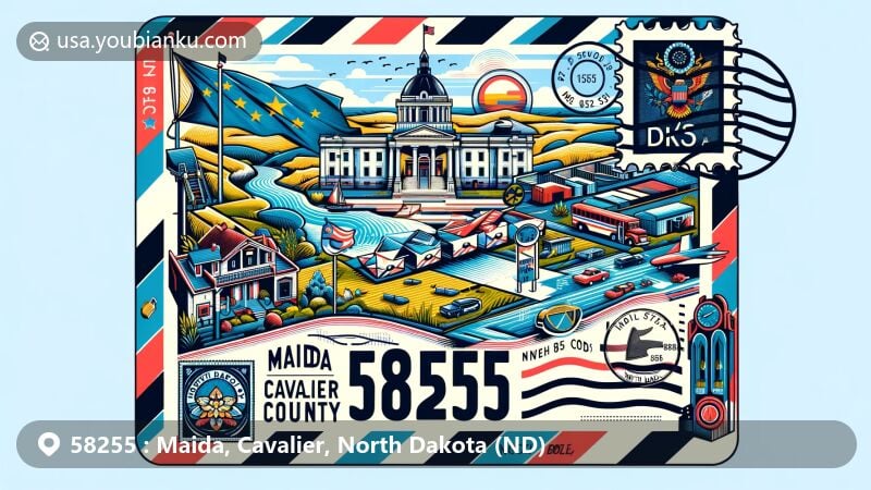 Modern illustration of Maida, Cavalier County, North Dakota, with postal theme showcasing ZIP code 58255, including North Dakota state flag, Cavalier County map, and iconic Maida landmark.