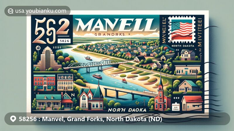 Modern illustration of Manvel, Grand Forks, North Dakota, featuring postal theme with ZIP code 58256, showcasing Turtle River, residential houses in Manvel, downtown Grand Forks, aerial city view, vintage stamp, postmark, and American mailbox.