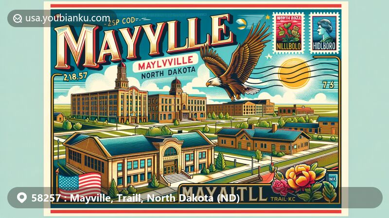 Modern illustration of Mayville, Traill, North Dakota, showcasing college campus, residential district, Traill County Historical Society in Hillsboro, with North Dakota state flag elements, featuring bald eagle, wild prairie rose, and postal theme with ZIP code 58257.