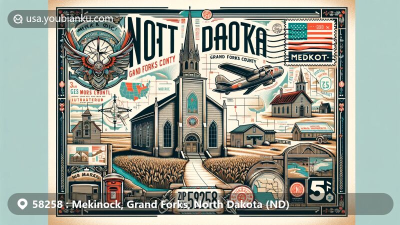 Modern illustration of Mekinock, Grand Forks County, North Dakota, featuring iconic Ness Lutheran Church, North Dakota state symbols, and postal theme with ZIP code 58258.