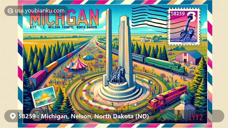 Modern illustration of Michigan City, Nelson County, North Dakota, featuring postal theme with ZIP code 58259, showcasing monument commemorating 1945 Michigan City train accident and festive elements of annual 'Michigan Day' celebration, set against tranquil rural backdrop.