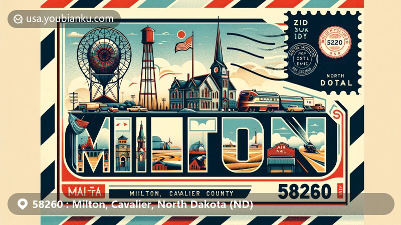 Modern illustration of Milton, Cavalier County, North Dakota, inspired by air mail envelope design with vintage postal elements and local cultural symbols.