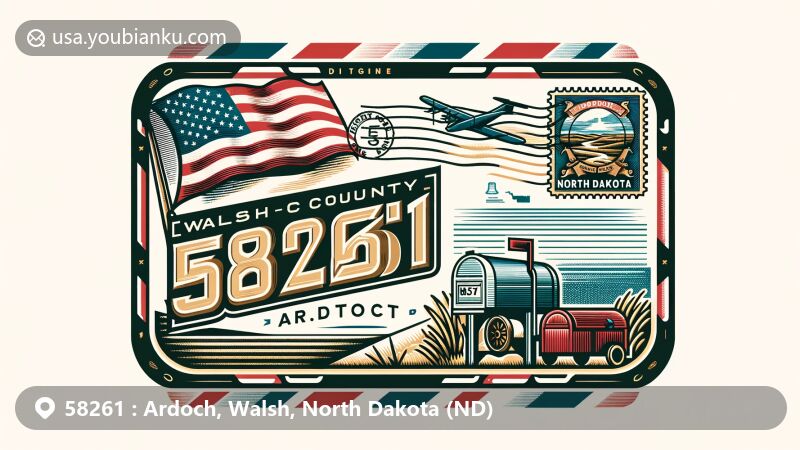 Vintage-style illustration of Ardoch, Walsh County, North Dakota, showcasing airmail envelope with North Dakota flag, Walsh County map, and ZIP code 58261.
