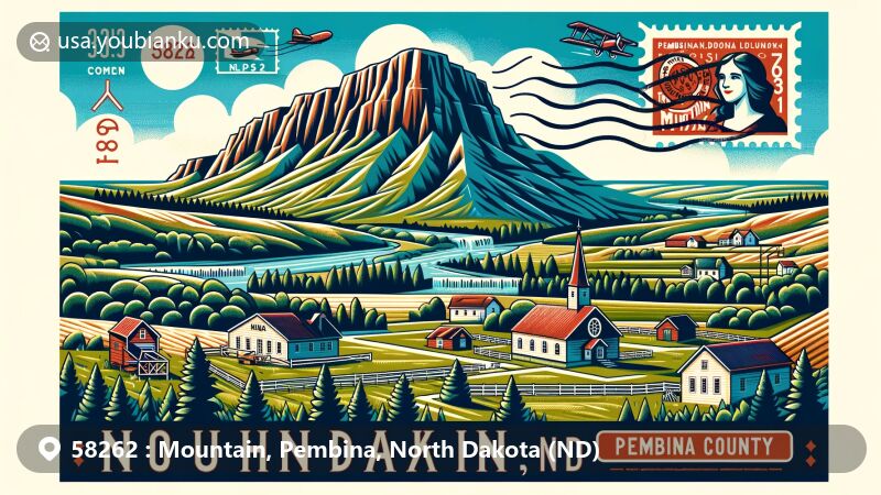 Modern illustration of Mountain, Pembina County, North Dakota, inspired by postcard and airmail envelope styles, showcasing Pembina Gorge, Vikur Lutheran Church, and Icelandic heritage elements, featuring the ZIP code 58262.