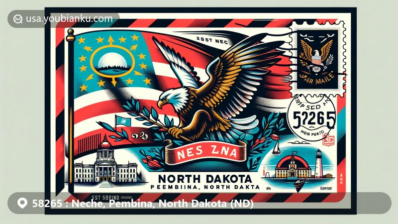 Modern illustration of Neche and Pembina, North Dakota, depicting a postal theme with ZIP code 58265 and the North Dakota state flag, featuring iconic landmarks like the Pembina State Museum and the Pembina River outline.