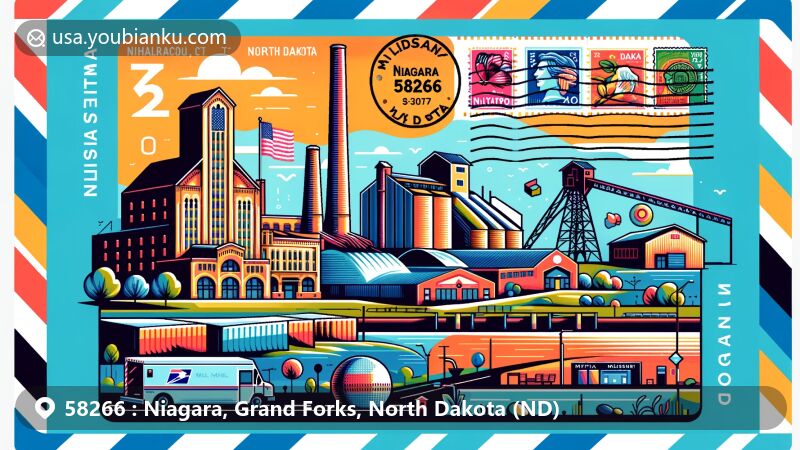 Modern illustration of Niagara, Grand Forks County, North Dakota (ND), representing ZIP code 58266 with North Dakota Mill and Elevator, Myra Museum, postal theme, and regional culture.