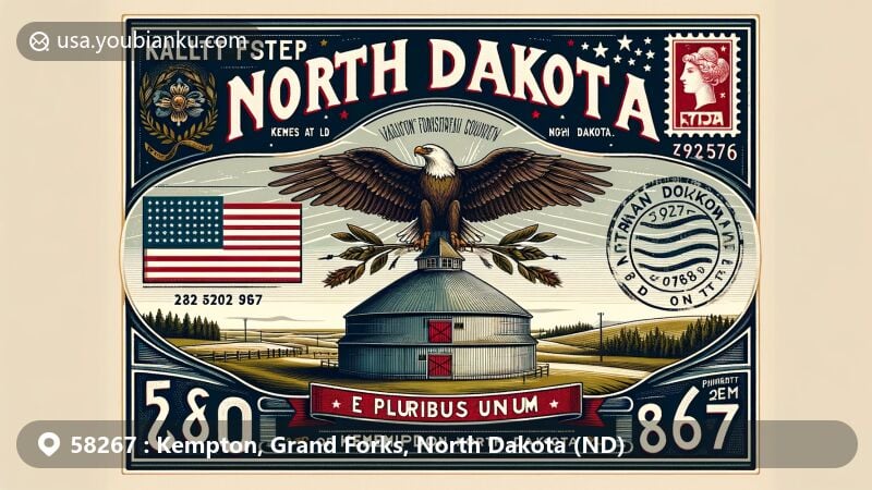 Vintage postcard-style illustration of Kempton, Grand Forks County, North Dakota, showcasing Carlott Funseth Round Barn and North Dakota state flag with postal elements for ZIP code 58267.