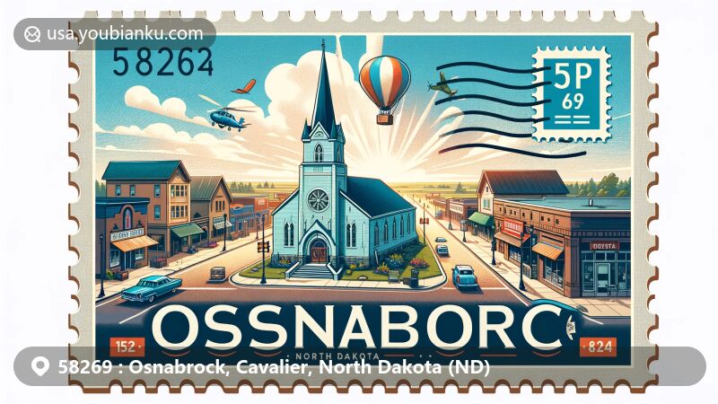 Modern illustration of Osnabrock, North Dakota, capturing the essence of small-town charm with Osnabrock Community Church as the focal point, enveloped by a lively scene of shops, restaurants, and a cinema, all tied together with postal theme and ZIP Code 58269.