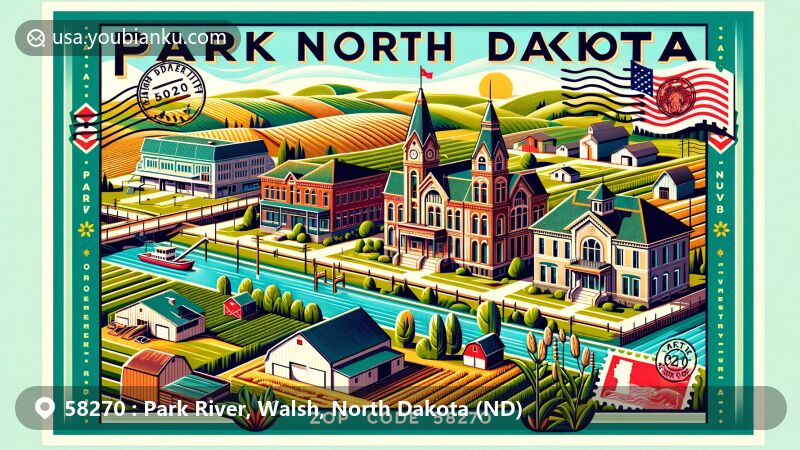 Modern illustration of Park River, North Dakota, with ZIP code 58270, displaying historical buildings, lush farmlands, and North Dakota state symbols.