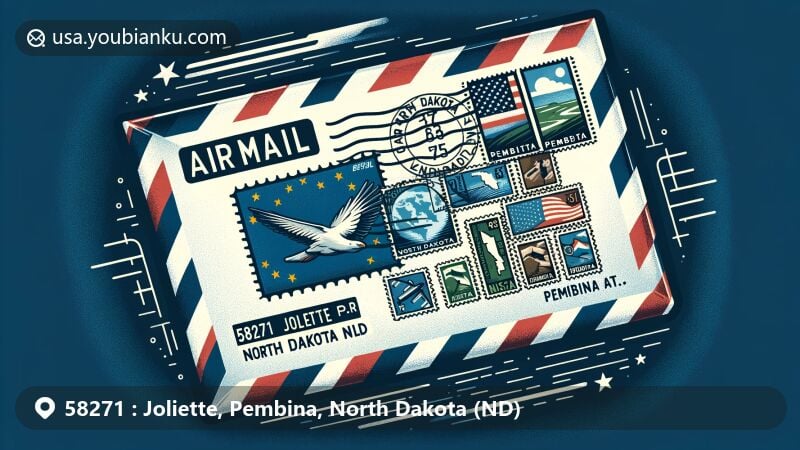 Modern illustration of airmail envelope with North Dakota postal theme, showcasing Pembina County map and state flag, featuring ZIP code 58271 Joliette.