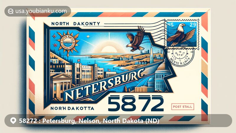 Modern illustration of Petersburg, North Dakota, showcasing ZIP code 58272 in a wide-format airmail envelope style with vivid colors and intricate details, featuring North Dakota state flag, Nelson County silhouette, and iconic Petersburg scene.
