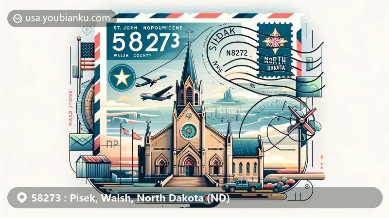 Modern illustration of Pisek, Walsh County, North Dakota, showcasing a creatively designed airmail envelope with St. John Nepomucene Catholic Church, North Dakota-themed elements, and postal details.