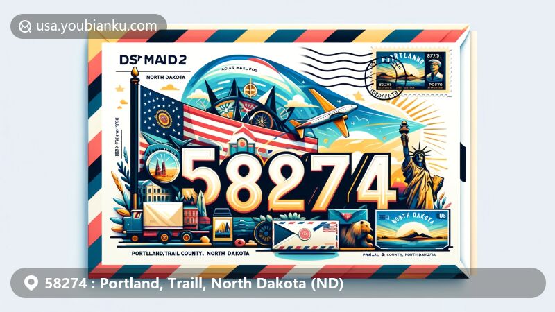 Modern illustration of Portland, Traill County, North Dakota, showcasing postal theme with ZIP code 58274, featuring air mail envelope, postcard, state flag, and local landmarks.