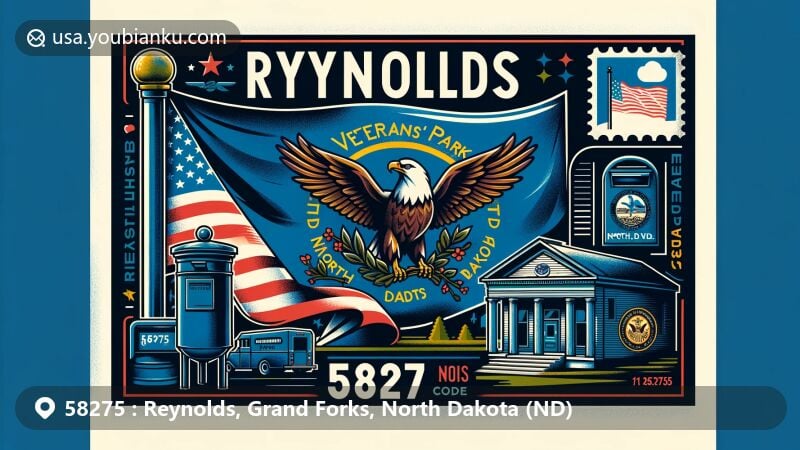 Modern illustration of Reynolds, North Dakota, focusing on postal theme with ZIP code 58275, featuring Community Veterans' Park and the North Dakota state flag.