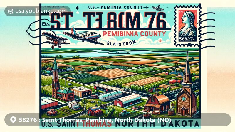 Modern illustration of Saint Thomas, Pembina County, North Dakota, resembling an air mail envelope or postcard, showcasing county outline, St. Thomas Municipal Airport, Glasston farming scenes, ZIP code 58276, and postal themes.