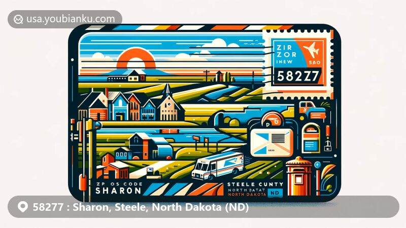 Vibrant illustration for ZIP code 58277 in Sharon, Steele County, North Dakota, featuring postcard design with rural landscapes and landmarks, postal elements like postage stamp, postmark, mailbox, and mail truck.
