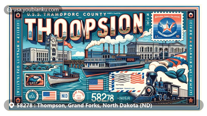 Modern illustration of Thompson, Grand Forks County, North Dakota (ND), representing ZIP code 58278, featuring postcard or airmail envelope style with steamboats, railways, and transportation history, including Northern Pacific Railroad Depot, North Dakota state flag, and Grand Forks County outline.