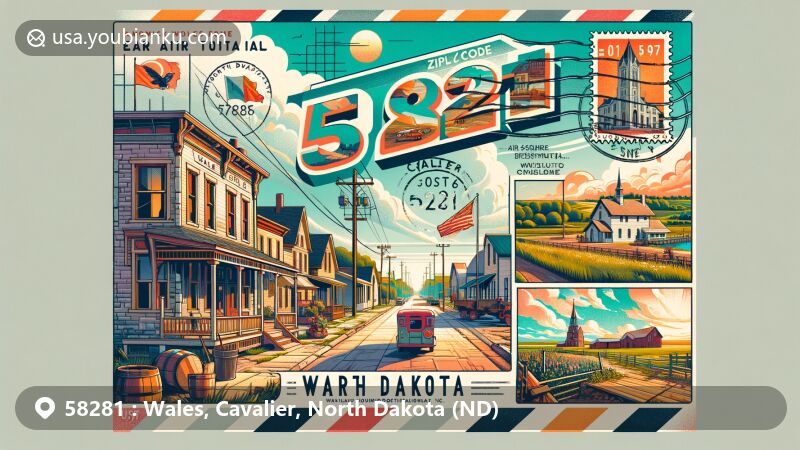 Modern illustration of ZIP code 58281, Wales and Cavalier, North Dakota, featuring rural street scene in Wales, landmark of Cavalier, and air mail envelope design with North Dakota state flag and vintage stamp.
