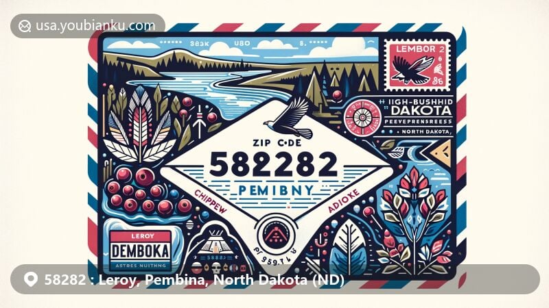 Modern illustration of Leroy, Pembina, North Dakota, showcasing postal theme with ZIP code 58282, featuring river, high-bush cranberries, and cultural symbols of Chippewa, Cree, Assiniboine, Dakota, and Ojibwa tribes.