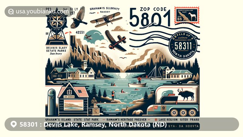 Modern illustration of Devils Lake, Ramsey, North Dakota, showcasing postal theme with ZIP code 58301, featuring Grahams Island State Park, Devils Lake, Lake Region Heritage Center, and White Horse Hill National Game Preserve.