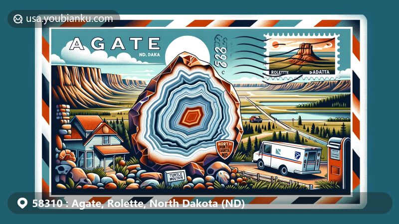 Modern illustration of Agate, North Dakota, featuring agate stone symbol and Turtle Mountain backdrop, with postal elements like stamp, postmark, mailbox, and mail truck, showcasing ZIP code 58310.