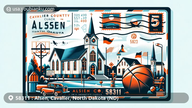 Modern illustration of Alsen, North Dakota, showcasing postal theme with ZIP code 58311, featuring Swiss Mennonite Church and basketball elements.