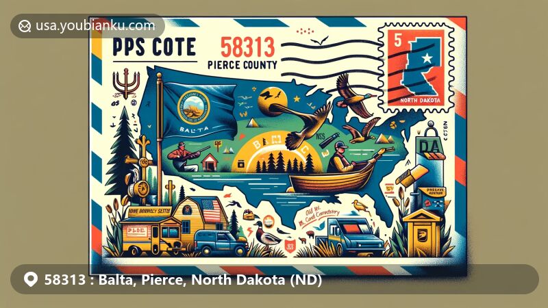 Modern illustration of Balta, Pierce County, North Dakota with ZIP code 58313, featuring postal envelope design with state flag, county outline, Old Mt. Carmel Cemetery, and duck hunting, capturing local culture and history.