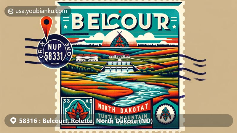 Modern illustration of Belcourt, North Dakota, highlighting Turtle Mountain Indian Reservation and Ox Creek, with postal elements like postmark and stamp, showcasing ZIP code 58316.