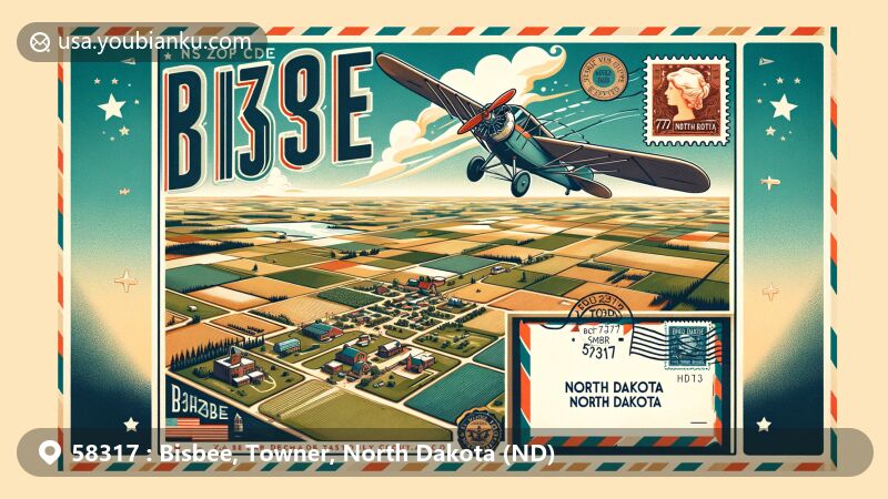 Modern illustration of Bisbee, Towner County, North Dakota, featuring rural landscape, North Dakota map outline, state flag, vintage airplane, and airmail envelope with ZIP code 58317.