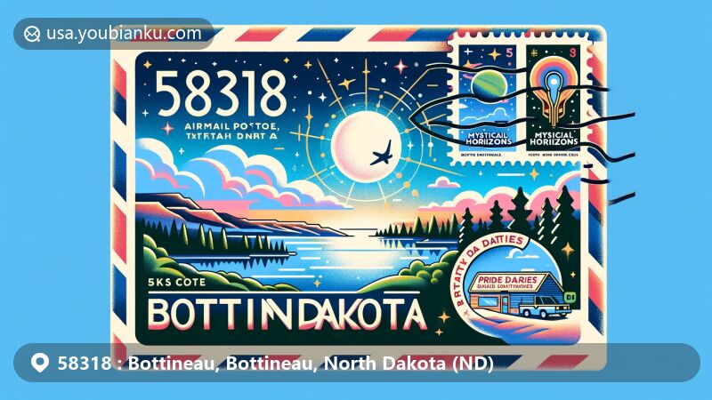 Modern illustration of Bottineau, North Dakota, featuring airmail envelope with ZIP code 58318, showcasing Lake Metigoshe, Mystical Horizons, Pride Dairies ice cream, and North Dakota state flag.