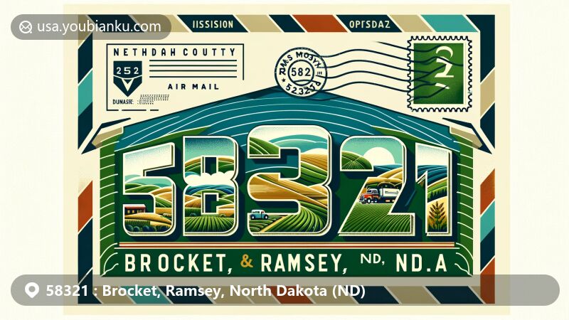 Modern illustration of Brocket, Ramsey, North Dakota, showcasing postal theme with ZIP code 58321, featuring Ramsey County outline, rolling hills, agriculture, vintage postal elements, and vibrant color scheme.