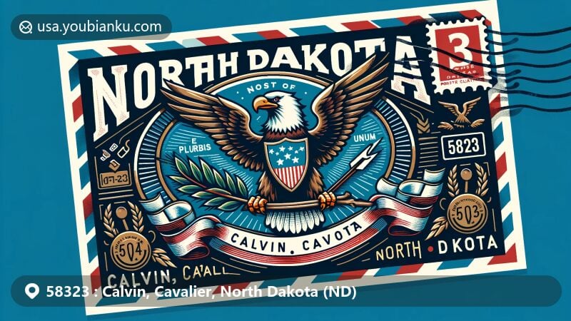 Modern illustration of Calvin, Cavalier, North Dakota, capturing postal theme with ZIP code 58323, featuring North Dakota state flag with a bald eagle, symbols of unity, and postal elements.