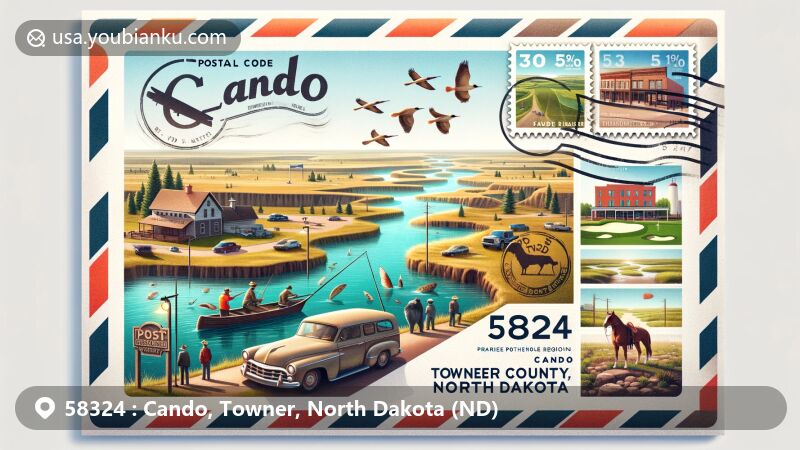 Modern illustration of Cando, Towner County, North Dakota, showcasing postal theme with ZIP code 58324, featuring Prairie Pothole Region, Pioneer Museum, and local golf club.