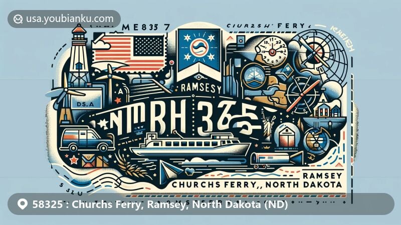 Modern illustration of Churchs Ferry, Ramsey, North Dakota, highlighting regional and postal elements with state flag, area 58325 on map, postcard design, stamps, postmarks, mailboxes, and mail trucks.