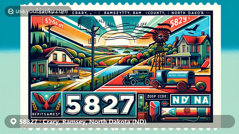 Modern illustration of Crary, Ramsey County, North Dakota, capturing the essence of ZIP code 58327 with postcard-style design, featuring local landmarks and postal elements.