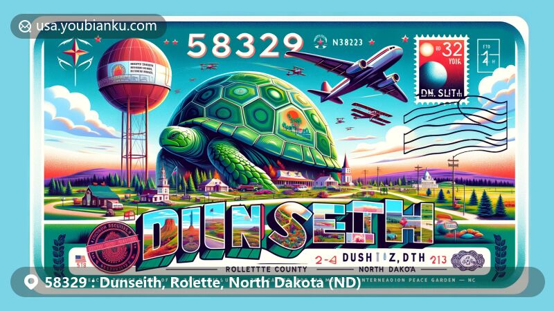 Innovative illustration of Dunseith and Rolette County, North Dakota, designed for ZIP code 58329, featuring the International Peace Garden, the 'W'eel Turtle sculpture, and the unique Turtle Mountain plateau scenery.
