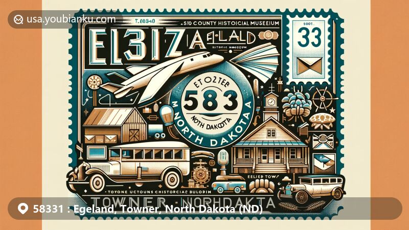 Artistic representation of Egeland, Towner, North Dakota, with postal theme showcasing ZIP code 58331, featuring postcard design elements, Towner County Historical Museum symbols, farmlands, and cultural heritage.