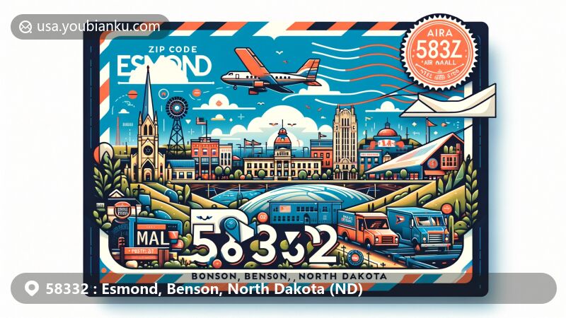 Modern illustration of Esmond, Benson County, North Dakota, capturing ZIP code 58332, with vibrant depiction of landmarks and cultural elements, creatively framed in an air mail envelope with postal theme.