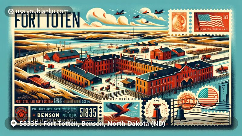 Modern illustration of Fort Totten, Benson, North Dakota, showcasing postal theme with ZIP code 58335, featuring Fort Totten State Historic Site and elements of Native American culture.