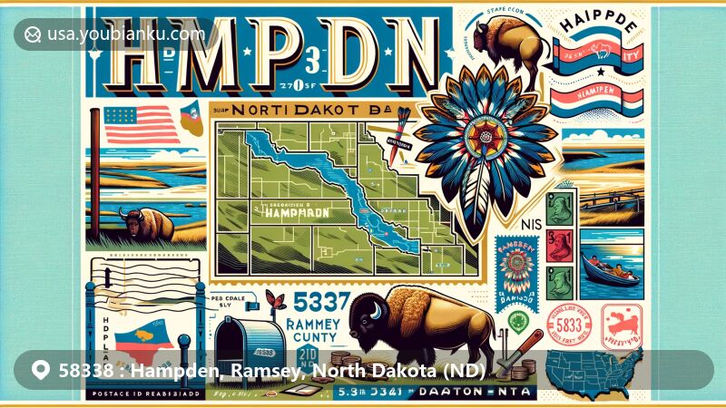 Modern illustration of Hampden, North Dakota, highlighting postal theme with ZIP code 58338, featuring map of Hampden city, Ramsey County outline, North Dakota flag, and Native American cultural elements like pemmican and bison.