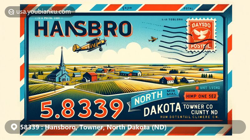Modern illustration of Hansboro, Towner County, North Dakota, inspired by old-fashioned airmail envelopes, featuring ZIP code 58339 and rural landscape, capturing the town's low population density and continental climate.