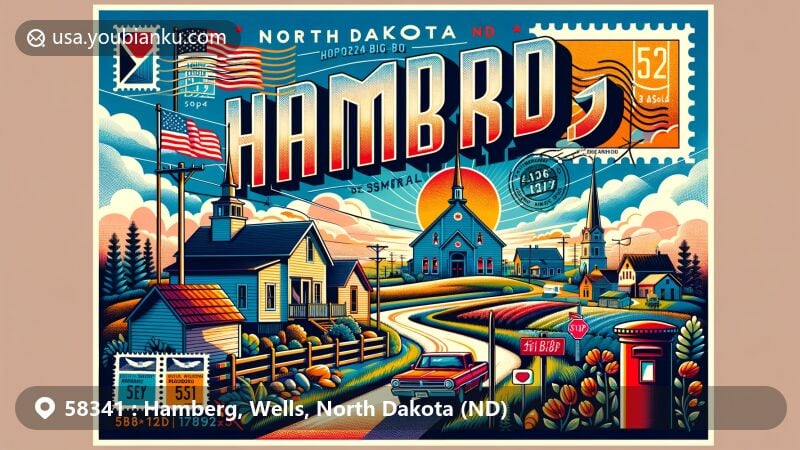 Modern illustration of Hamberg, North Dakota, with ZIP code 58341, showcasing rural landscape and postal theme with postcard elements and North Dakota symbols.