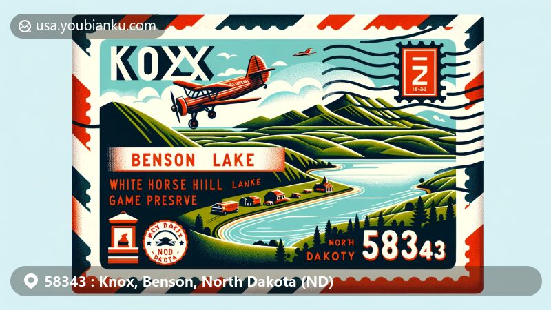 Modern illustration of Knox, Benson County, North Dakota, portraying postal theme with ZIP code 58343, showcasing Devils Lake shoreline, White Horse Hill National Game Preserve, and North Dakota's natural beauty.