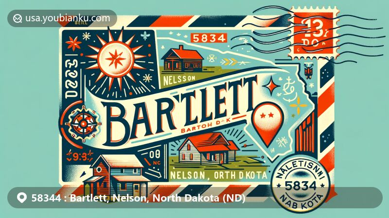 A modern illustration of Bartlett, Nelson County, North Dakota, styled as an airmail envelope with a postal theme and key symbols, including the outline of North Dakota, climate elements, a rustic house, and vintage postal details.